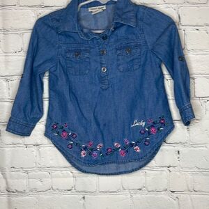 Lucky Brand Baby Girls Denim Jean Dress size 18 Months Embroidered